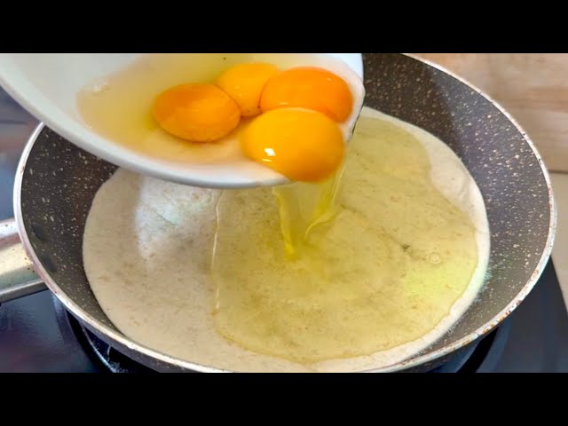 Pour eggs on the tortilla. Better than pizza! Such a delicious tortilla recipe.