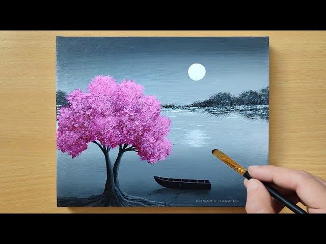 Black & White Landscape Painting for Beginners / Cherry Blossom / Acrylic Painting Technique