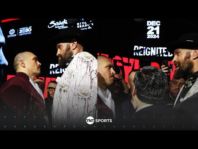 FIERY FACE-OFF! 😳 Usyk and Fury refuse to look away from each other for 10 MINUTES! 😤 #UsykFury2 🇸🇦