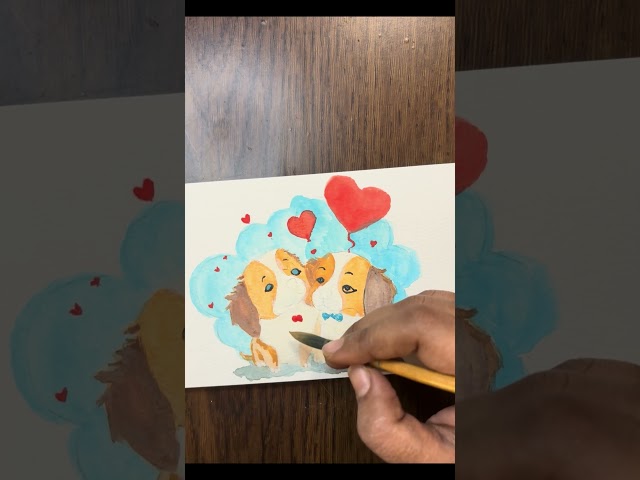 🐶💕Puppy Love: Adorable Watercolor Illustration of Two Puppies🎨#shorts#short#satisfying#valentinesday