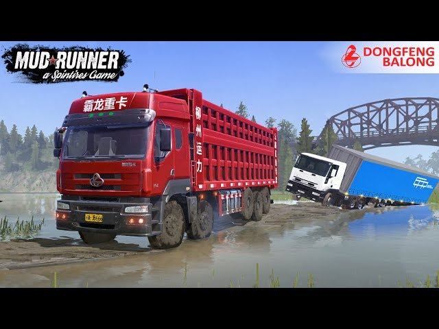 Spintires: MudRunner - DONGFENG BALONG 350 6X12 Pulls a Fallen Truck into the Water