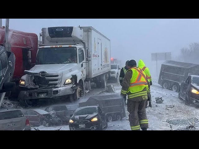 Snow chaos in Ontario Canada today!! Snowstorm causes major pileup in Orillia, 50 vehicles destroyed