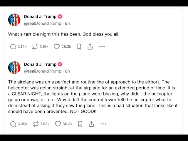 American Airlines DC Plane Crash 'Should Have Been Prevented' President Trump Posts on TruthSocial