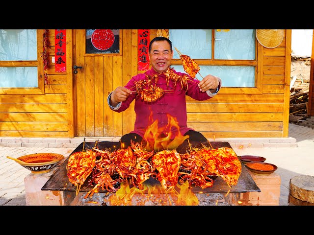 HUGE Grilled Squid on Handmade Teppanyaki Plate! Best Street Food Recipe! | Uncle Rural Gourmet