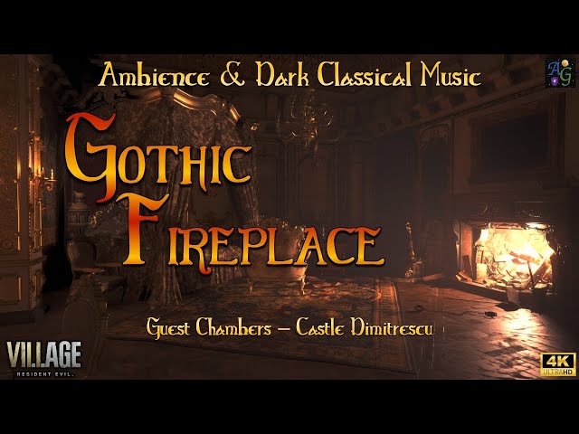 Gothic Fireplace Ambience 4K | 1.5 HRs Moving Art w Dark Classical Music played on an old phonograph