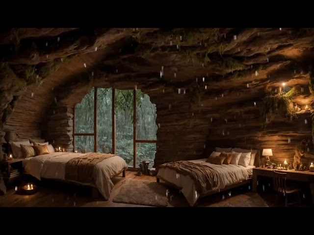 Fast sleep with cave house forest rain and thunder