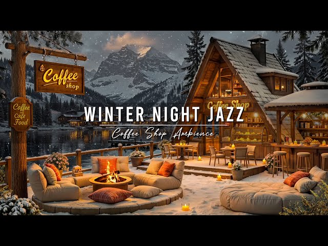 Cozy Winter Coffee Porch Ambience ⛄ Warm Night with Relaxing Jazz Background Music for Work, Study