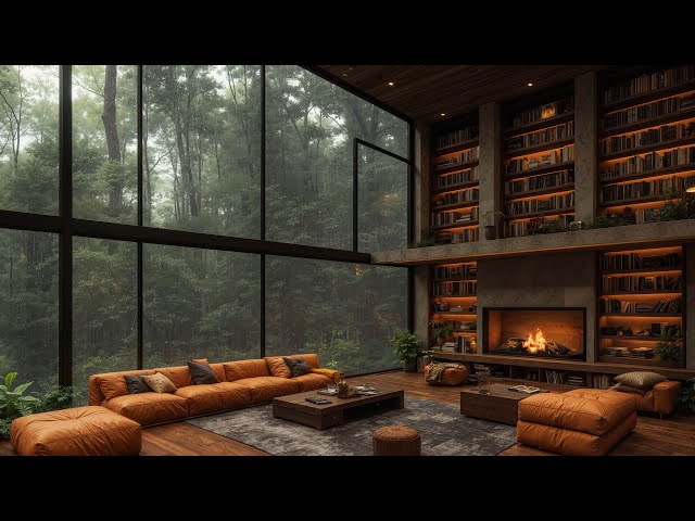 Rainy Jazz Ambience 🌧️ Smooth Jazz Instrumental Music at Cozy Forest Living Room Ambience for Unwind