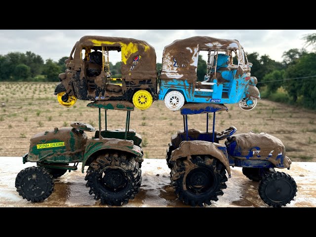 Mudding John deere tractor | Sonalika tractor toy muddy with auto rickshaw khilona toys | Cocotoys