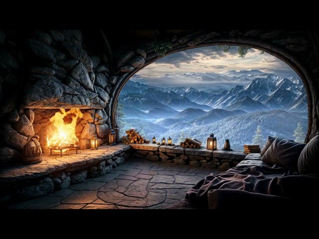 Relax In A Cozy Winter Cave With A Crackling Fire | Fall Asleep Fast | Winter Ambience | 4K