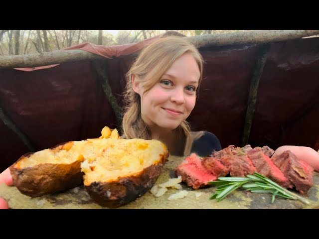 Cooking A Steak Dinner In My Bushcraft Shelter | Solo Camping Overnight