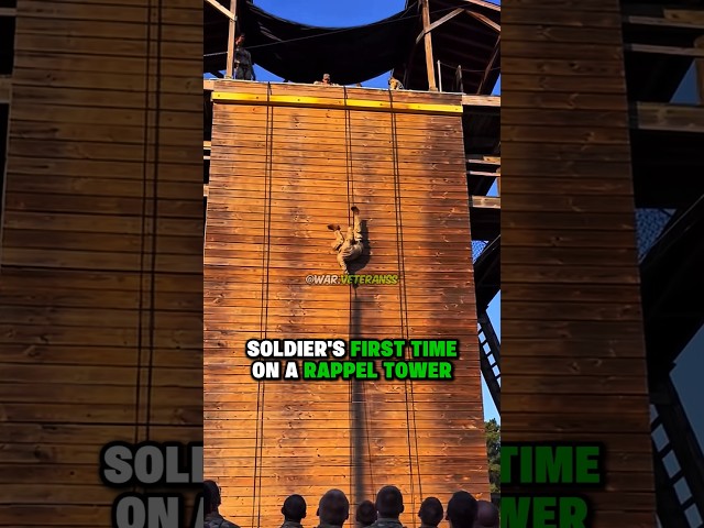 Soilder's First Time On A Rappel Tower