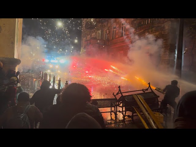 Police Water Cannon vs. Firework Launcher in Tbilisi, Georgia