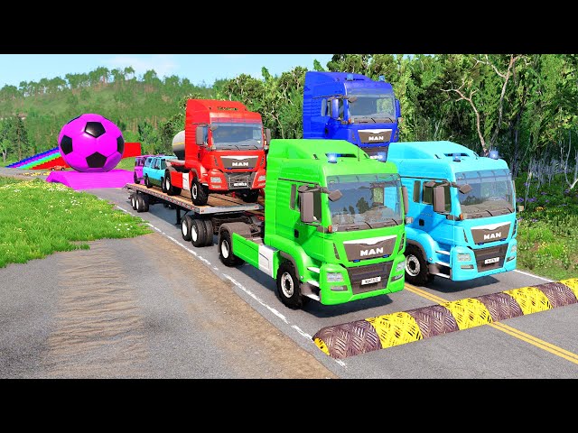 Double Flatbed Trailer Truck vs Speedbumps Train vs Cars | Tractor vs Train Beamng.Drive 001