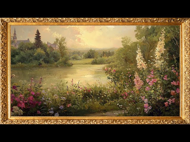 Vintage TV Art: Serene Oil Painting of a Lake Scene & Flowers | 4K | 2 Hrs Gold Framed Vintage Art