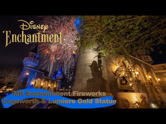 8K Magic Kingdom 50th Enchantment Fireworks by the Cogsworth & Lumiere Gold Statue VR180 3D