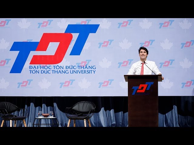 Prime Minister Trudeau delivers remarks to students at Ton Duc Thang University