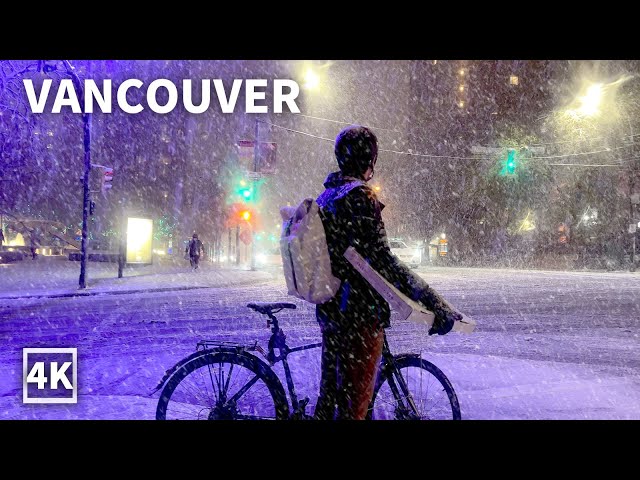 【4K】Downtown Vancouver Night Walk in Heavy Snow and Wind | Christmas Canada (Sounds Of Snowfall)