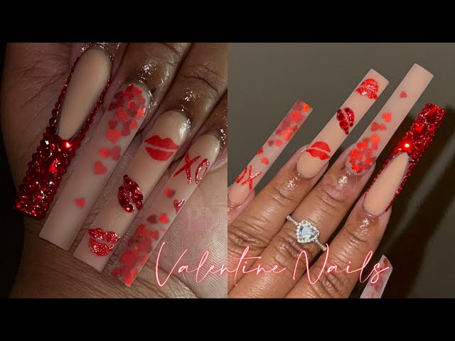 RED VALENTINE NAILS 💋❤️ HOW TO LIP NAIL ART | BLING FRENCH ✨