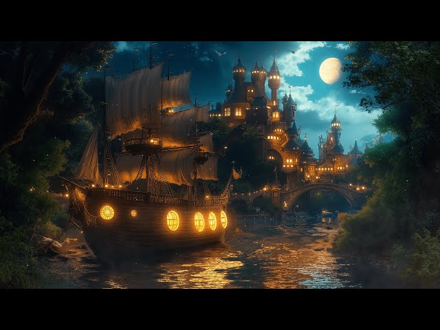 A Fantasy Pirate Ship Ambience - Enchanted Castle, Tropical Island Port, Bird Life | 12 Hour