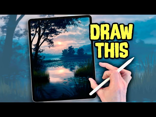 PROCREATE Landscape Drawing Tutorial in EASY STEPS - TREE LAKE SUN