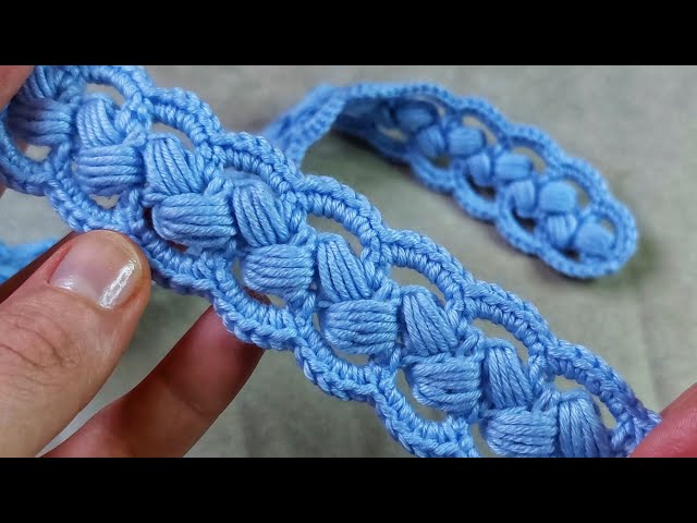 Amazing 💯 👌  How to crochet ribbon lace based on puff stitch cord #pattern #crocheting #crochetpuff