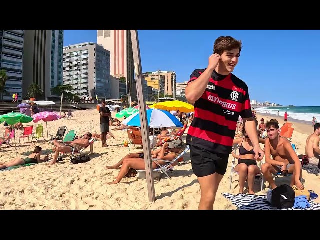 😲 MUST SEE - Crowded Leblon beach on a very hot sunny day. Rio de Janeiro beach walk 2024. Brazil 4K