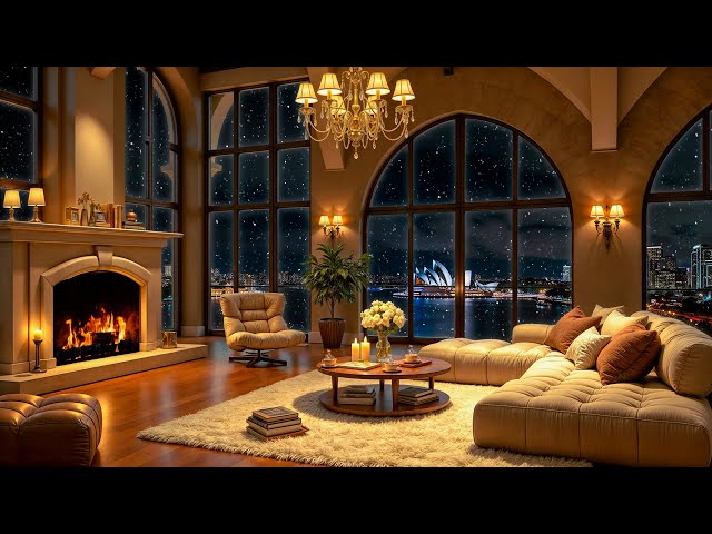 Cozy Apartment Ambience 🌃❄ Tender Jazz Saxophone Music & Fireplace Sounds for Stress Relief, Relax