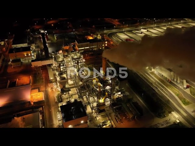 Factory Industry Plant At Night Aerial - Pollution Global Warming Climate Change - 4k Stock Footage