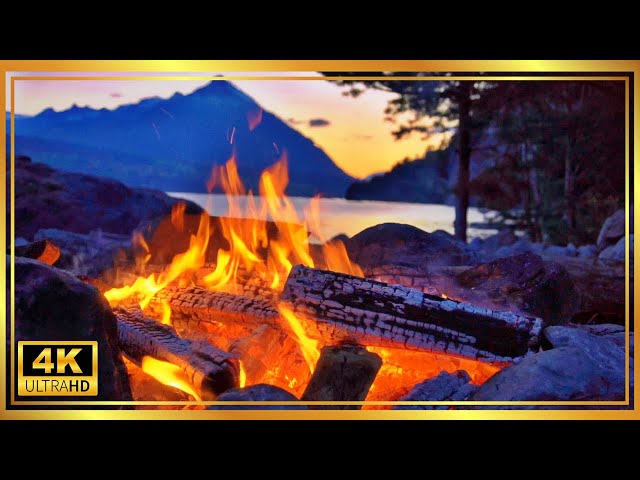 4K Mountain Campfire Sunset Ambience: Soothing White Noise by the Lake with Crackling Fire Sounds