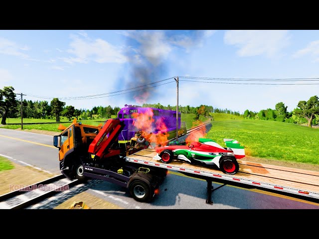 Double Flatbed Trailer Truck vs Speedbumps Train vs Cars | Train Tractor | Beamng.Drive Kon 8