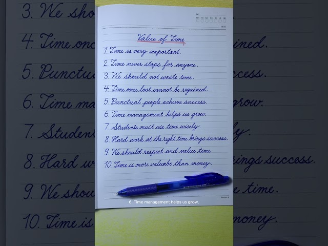 10 Lines on Value of Time | English Cursive Writing | English Writing | Cursive Handwriting Practice