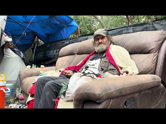 Street life Fort Worth homeless man living in the woods  | USA homeless crisis