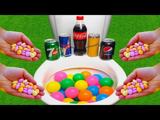 Experiment !! Toilet VS Plastic Ball VS Coca Cola, Pepsi, 7up, Red Bull, Schweppes and Fruity Mentos