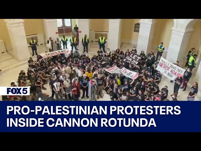 Pro-Palestinian protesters gather inside Cannon Rotunda at Capitol Hill