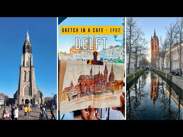 Sketch in a cafe | Delft | The Netherlands | City walk | Markt city view sketch