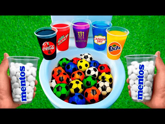 Football VS Popular Sodas !! Coca Cola, Monster, Fanta, Canada Dry, Sprite and Mentos in the toilet