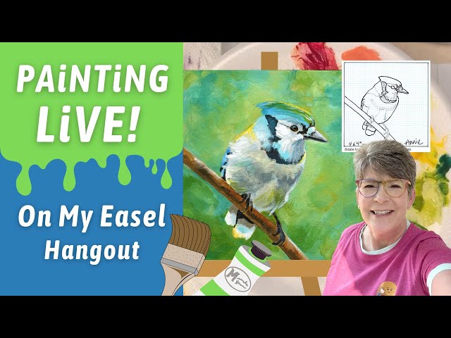 Easy Blue Jay Bird Acrylic Painting with Traceable, use Primaries, in studio w/ Annie Troe