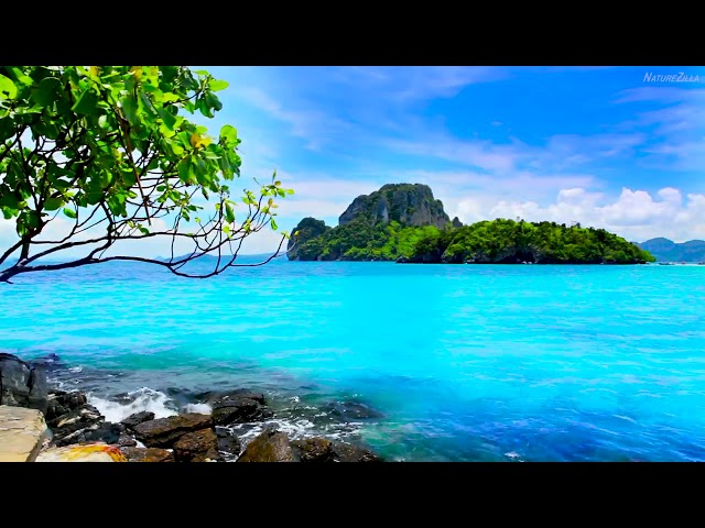 4k UHD Blue Sea & Island Summer Landscape. Ocean Sounds for Deep Sleep, Meditation, Healing 10 Hours