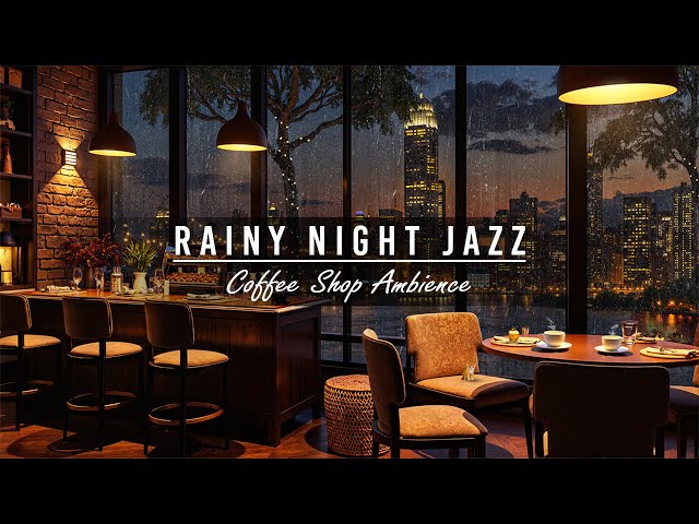 Cozy Cafe With A Night View Of New York In Heavy Rain 🌧️ Relaxing Jazz Music & Rain Sounds for Sleep