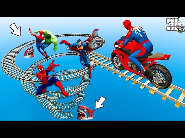 الأبطال الخارقين على القضبان دوامة قمع جسر SPIDER MAN!on Motorcycle in Spiral Bridge Stunt Ride🐱‍💻