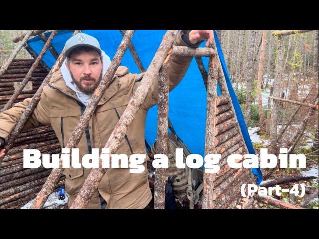 Building the roof and walls on the log cabin