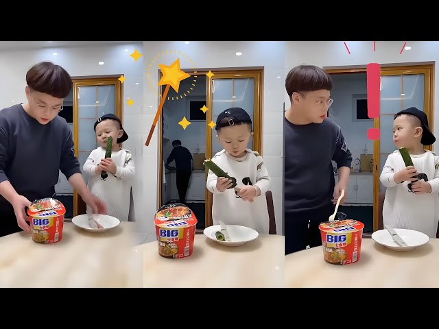 The father eats well, and the son can’t stand it!#cutebaby#funnyvideos#smile