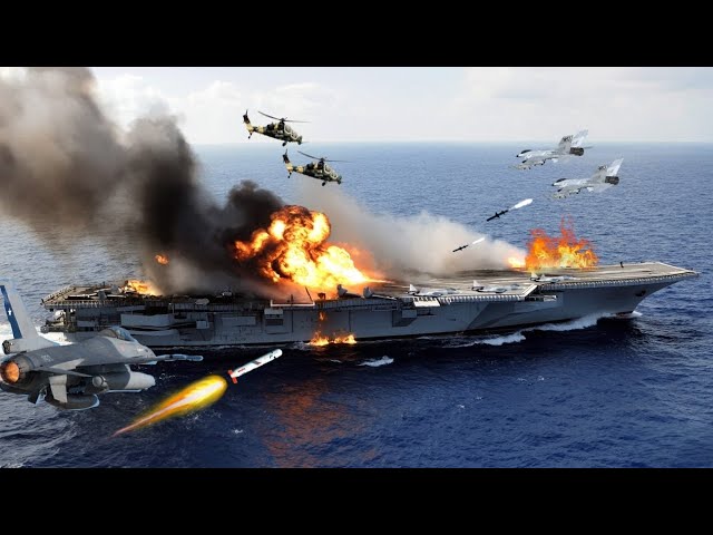 Today! Russian aircraft carrier carrying 150 fighter jets was destroyed by US AH-64 Apache and F-16