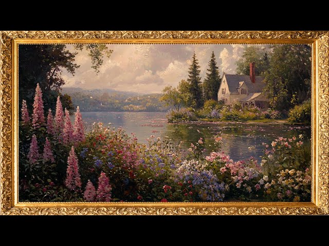 Vintage TV Art: Charming Oil Painting of a Flower Garden by the Lake  | Gold Framed Vintage Art