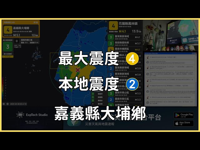 [ 直播 (震度2) ]「地震預警 (注意)」嘉義縣大埔鄉(M5.2) 2025-02-08 00:46 UTC+8