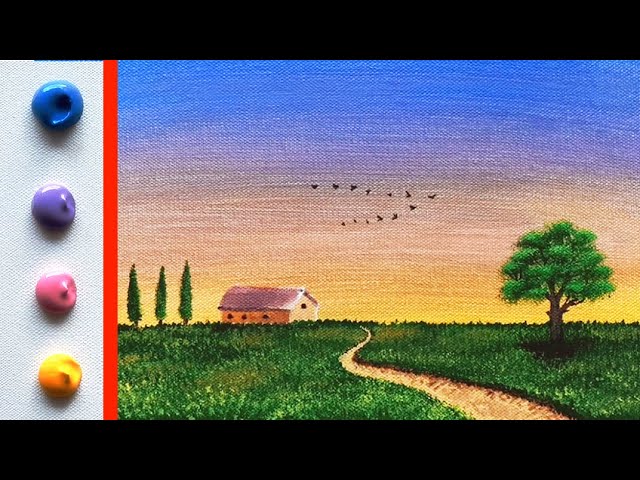 🌞How to paint a SUNSET LANDSCAPE - STEP by STEP Acrylic Painting for Beginners - Easy Summer Scenery