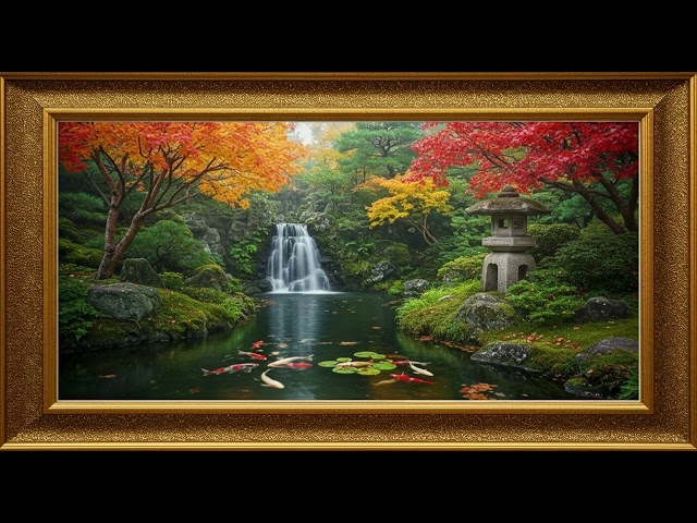 Frame TV Art: Tranquil Japanese Garden & Koi Pond | Gold Frame 4K Autumn Scene