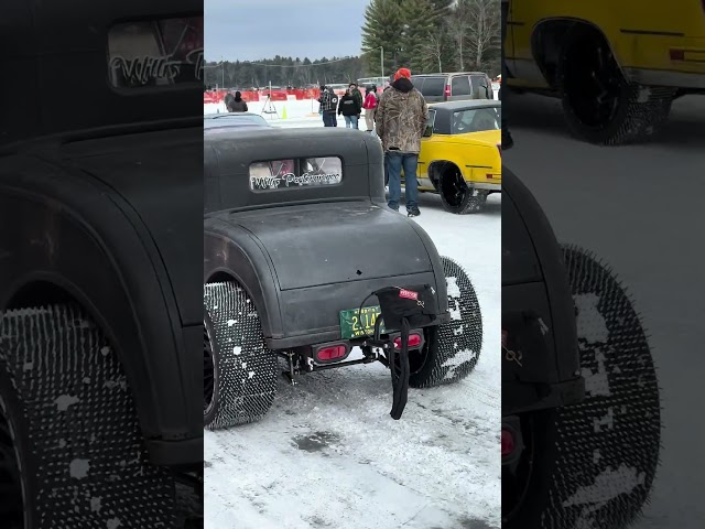 Check out all of the screws in the tires of this twin turbo hot rod Ice Drag car!