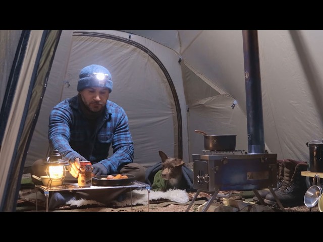 Solo Hot Tent Camping in SNOW with My Dog . Cozy Relaxing Wood Stove ASMR